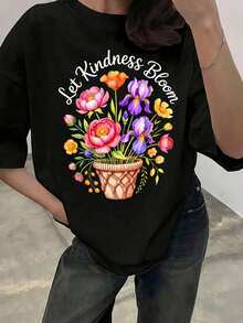 Camiseta Gráfica Floral con Diseño de Cesta de Flores para Mujer, Estilo Casual, Manga Corta, Cuello Redondo, Mensaje Positivo, Verano, Boho, 100% Algodón - Negro - Ver 1