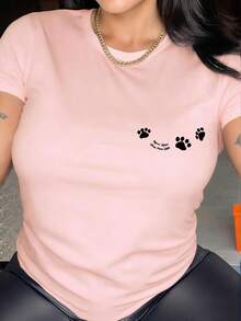 Spring And Summer Collection With A Short Sleeve Round Neck T-Shirt Decorated With An Adorable Paw Print Design On The Back, Perfect For Casual And Versatile Use. - Pink - View 2