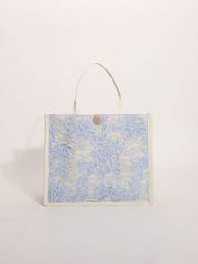 Bolso de mano de lino con bordado de malla de lentejuelas y patchwork floral azul claro, bolso tote de gran capacidad con patrón floral horizontal cuadrado, adecuado para vacaciones casuales (patrón floral distribuido aleatoriamente) - Celeste - Ver 7