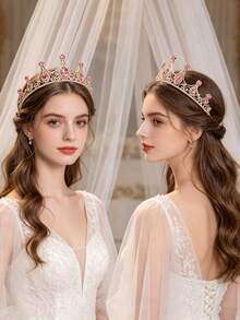 1pc European American Bride Fashion Exquisite Alloy Crown, Suitable For Women's Wedding Party Hair Accessory, Princess Birthday Party Gift, Performance Costume Accessory, Crown For Makeup Ball - Pink - View 9