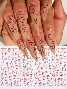 Gothic Charm Nail Stickers Red String Of Letters Design Slider Y2K Holographic Self-Adhesive Decals DIY Manicure Accessories Tool Nail Supplies - Multicolor - View 1