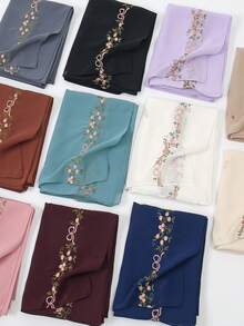 1件女款花卉刺繡雪紡披肩圍巾，適合日常穿著或送禮 - 杏色 - 查看 3