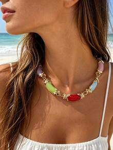 1pc/Bohemian Style Dopamine Color Palette Colorful Rectangular Acrylic Beaded Necklace - Women's Vibrant Collarbone Chain, Suitable For Daily Wear And Vacation, Cute Necklace (Accessory Color Random) - 32745-nek-colour - View 10