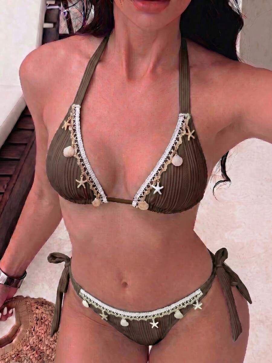 2件組女款海洋主題裝飾性感休閒比基尼套裝，掛脖純色泳衣，適合夏季度假 - 螢光綠 - 查看 1