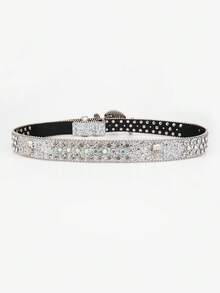 1 pieza Cinturón de hombre estilo punk rock Y2K de mezclilla plateada con hebilla de metal de calavera, strass y tachuelas láser, accesorio versátil para jeans y uso diario - Plateado - Ver 5
