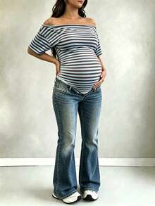 Parara Maternity Bodysuit, Asymmetric Neckline, Short Sleeve, High Stretch Fabric, Open Back Design Summer - Blue - View 5
