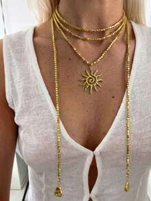 1 pièce Collier long pour femme, matériau en métal doré, collier à couches mode, pendentif tournesol avec perles géométriques, cadeau de vacances - Doré - Voir 3