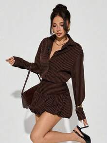 PETITE Conjunto casual para mujer, atuendos de otoño para mujer, falda de burbujas marrón y blusas, rayas marrones - Negro - Ver 5