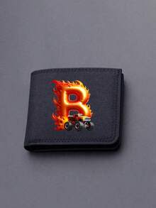 1pc Back To School Mini Cute Cartoon Personalized Fun 26 Excavator Construction Vehicle Flame Letter Print Bifold Wallet, Multiple Card Slots Inside, Can Hold Bank Cards, ID Cards, Cash, Meets Daily Travel Storage Needs. Suitable As Fan Gift, Birthday Small Gift. - Black - View 17