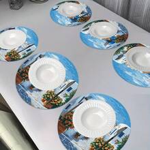 圓形與橢圓形聚酯纖維餐墊 36*36cm,聖托里尼白色建築、藍色海洋與藍色門窗、三角梅印花,防水耐熱可水洗,適用於餐桌裝飾與隔熱 - 彩色 - 查看 6