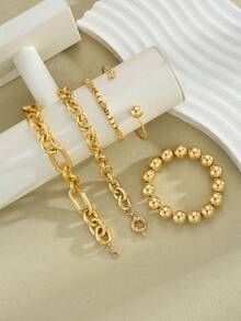 5件組復古時尚優雅波希米亞度假風金屬多幾何不對稱彈性珠飾CCB手鍊組，可疊戴鏤空粗鏈扭轉蛇鏈交織環形手鍊，金色，極簡個性Y2K誇張疊戴手鍊，適合女性夏季海灘度假派對約會禮物日常穿搭百搭 - 金黃色 - 查看 3