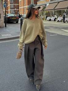 SMILE CHIC 2026 Autumn/Winter New Back To School Season Vintage Versatile Curved Pleated Wide-Leg Pants, Simple Tailored Cut, Height-Enhancing And Slimming - Khaki - View 8