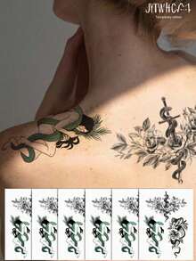 Waterproof Temporary Tattoo Sticker, 1pc Snake & Floral Pattern Paper Tattoo Sticker, Animal Pattern Sticker, Multi-Functional Unisex Body Art Waterproof Sweat-Resistant Fake Tattoo, Suitable For Your Arms, Chest, Abdomen And Back Easy To Apply And Remove - Black - View 2