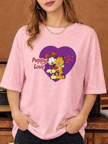 SHEIN | Garfield 女款粉色寬鬆短袖T恤，紫色愛心卡通貓狗小狗Love紅色標語印花，約會街頭穿搭 - 粉色 - 查看 3