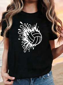 Plus-Size Women's Spring/Summer T-Shirt With A Sporty Beach Volleyball And Water Volleyball Design. Casual Short-Sleeved Clothing For Summer Sports And Expressing Your Style. - 黑色 - 查看 1