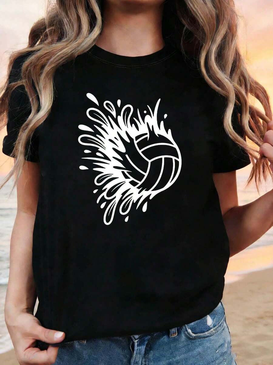 Plus-Size Women's Spring/Summer T-Shirt With A Sporty Beach Volleyball And Water Volleyball Design. Casual Short-Sleeved Clothing For Summer Sports And Expressing Your Style. - 黑色 - 查看 1