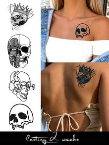 4PCS Herbal Juice Semi-Permanent Tattoo Stickers Gothic Skull Pattern 14 Days No Fading Music Festival Party Gift Arm Leg Shoulder Neck Collarbone Body Temporary Tattoo Stickers - Blue - View 1