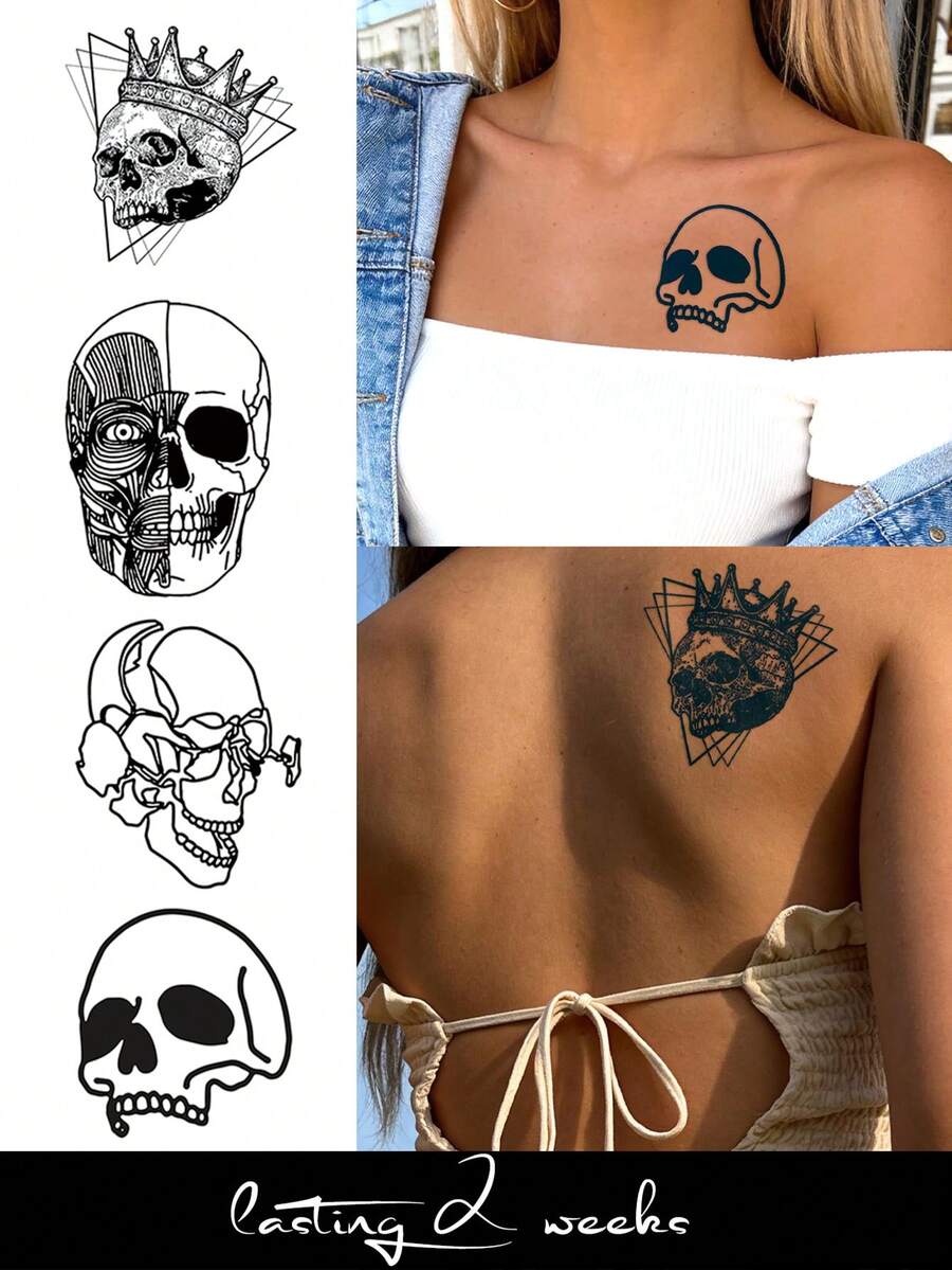 4PCS Herbal Juice Semi-Permanent Tattoo Stickers Gothic Skull Pattern 14 Days No Fading Music Festival Party Gift Arm Leg Shoulder Neck Collarbone Body Temporary Tattoo Stickers - Blue - View 1