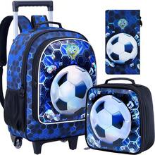 Set Ransel Anak Laki-Laki 3 Bagian Motif Sepak Bola, Bahan Tahan Lama, Dilengkapi Pegangan Teleskopik dan Tali Bahu yang Dapat Diatur, Gaya Olahraga Keren, Cocok untuk Sekolah dan Perjalanan - Hitam - View 1