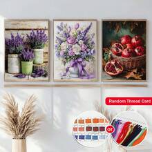1pc Frameless 14CT Printed Fabric Cross Stitch Kit, Floral And Bird Theme With Lavender, Rose And Pomegranate Patterns, Suitable For Adult Beginners Relaxation DIY, Includes Fabric, Needle, Thread And Chart, Handmade Wall Art Decor Gift, 30x40cm/11.8x15.7in - 30X40CM - View 3