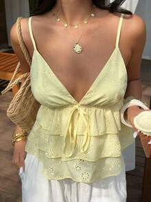 Vestido de línea A con cintura ajustada, diseño de volantes con lazo y volantes en el bajo, camisola de vacaciones - Burdeos - Ver 6