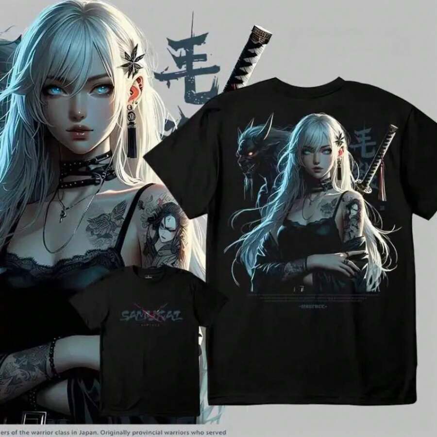 Unisex Black T-Shirt 100% Unwashed Cotton, A320 Geisha Design With Hannya Mask, Anime And Samurai Style, Streetwear Aesthetic Fashion, Casual Wear For Men And Women, Perfect For Use - 紅色和黑色 - 查看 1