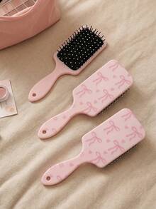 1 pieza/Peine de cojín de aire suave de ABS grande con lazo rosa, cepillo de cojín de aire desenredante, peinado suave, peine de cojín de aire cuadrado con lazo rosa claro y orificio para colgar, peine de cabello esponjoso, rosa juvenil, para uso diario en el hogar, baño, estudiante, todas las estaciones - Rosa - Ver 3