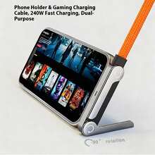 1pc Orange Braided 240W Alloy Metal Bracket Fast Charging Data Cable, Nylon Braided Material, Supports Fast Charging, Built-In Phone Stand, T-Shaped Folding Design, USB-C To Type-C Interface, Suitable For IPhone 17/16 Pro/16/15 Pro/15, S26/S25/S24/S23 And Other Models, Suitable For Home, Office And Travel Use - Multicolor - View 6