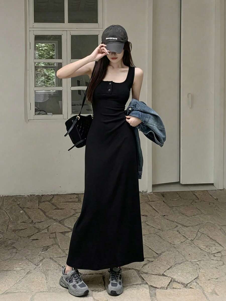 女款素色粗肩帶無袖貼身休閒洋裝,春夏優雅黑色 - 黑色 - 查看 1