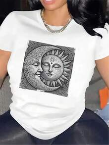Women's Short Sleeve T-Shirt With Sun And Moon Design, Made Of Durable, Lightweight And Comfortable Material, Ideal For Casual Wear At Home, Restaurant Or Outdoor Activities - 黑色 - 查看 7
