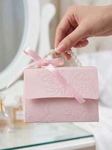 1/5/10Pcs Faux Pearl Decorative Gift Bags, Minimalist Party Packaging Bags, Pink Gift Bags With Handles, Paper Gift Boxes With Pearl Handles Decoration, Suitable For Valentine's Day And Wedding Gifts,Embossed Flower Boxes For Mini Packaging Bags - Pink - View 3