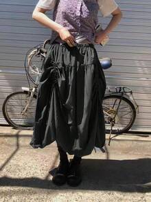 Women's Solid Color Drawstring Adjustable Skirt Black - Black - View 1