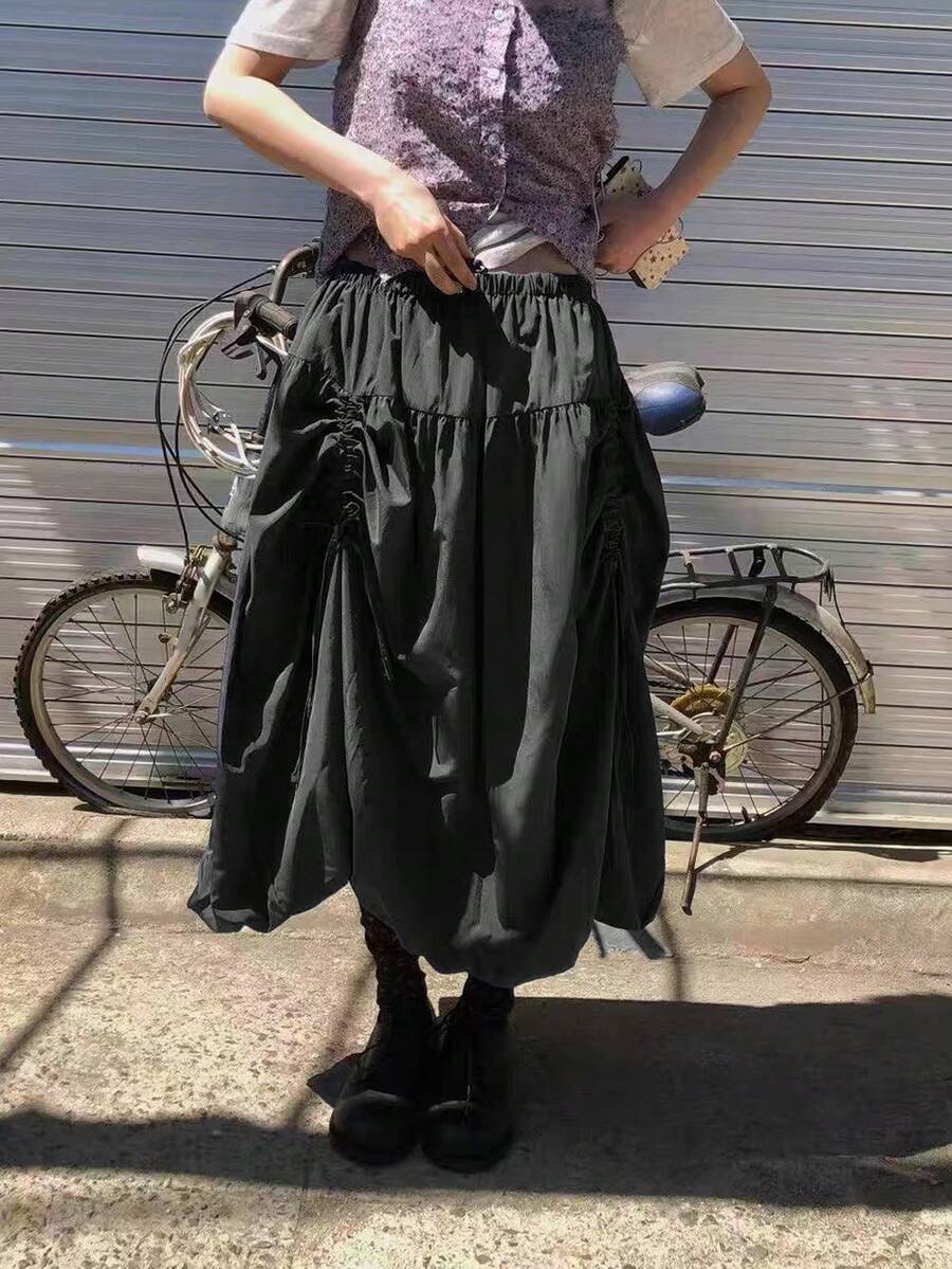 Women's Solid Color Drawstring Adjustable Skirt Black - Black - View 1