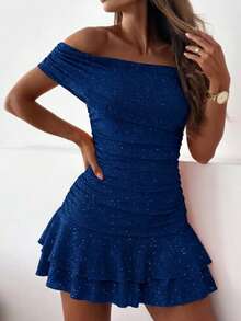 ChicMe Women's Glitter Ruffle Trim Fitted Waist Mini Party Cocktail Date Dress - Royal Blue - View 7