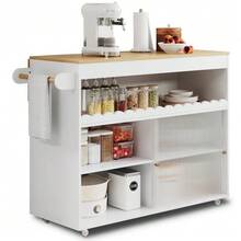 Folding Kitchen Island Trolley, Oak Veneer Worktop, Tempered Glass Sliding Doors, Adjustable Shelves, Towel Rack, Large Kitchen Island Trolley - White - View 5