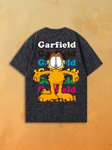 SHEIN | Garfield Women's Washed Grey Double Sided Tee, Retro Pixel Cartoon Cat Multi Color Stack Letter Print Loose Short Sleeve For Street Daily Travel Girl Outfit - Black - View 1