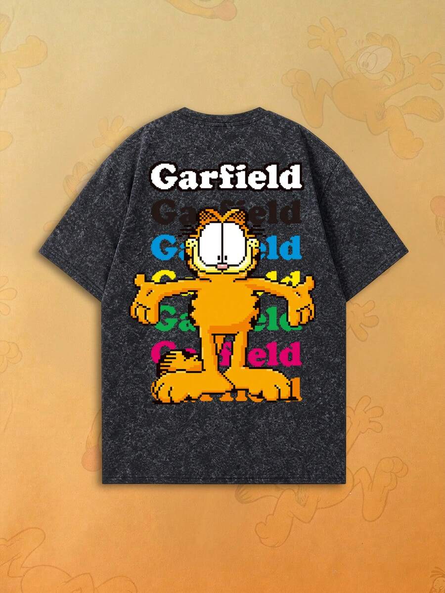 SHEIN | Garfield Women's Washed Grey Double Sided Tee, Retro Pixel Cartoon Cat Multi Color Stack Letter Print Loose Short Sleeve For Street Daily Travel Girl Outfit - Black - View 1