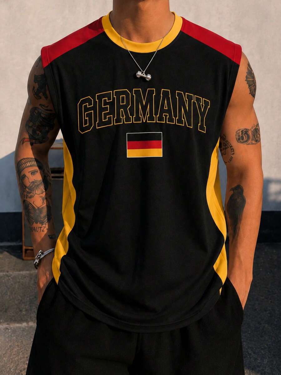 Fractyr 男士「Germany」國旗印花拼色無袖背心,柔軟復古運動寬鬆肌肉背心,復古足球休閒夏季背心 - 黑色 - 查看 1