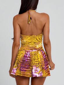 Women's Beaded Necklace Floral Print Ruffle Sexy Mini Dress For Vacation & Date Elegant Yellow Summer - Yellow - View 5