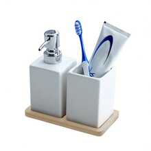 3Pcs Square White Ceramic Bathroom Toiletry Set, Refillable Pump Dispenser Bottles For Hand Soap Shampoo Body Wash, Matching White Toothbrush Cup With Bamboo Storage Tray - White Three-piece Set - View 3