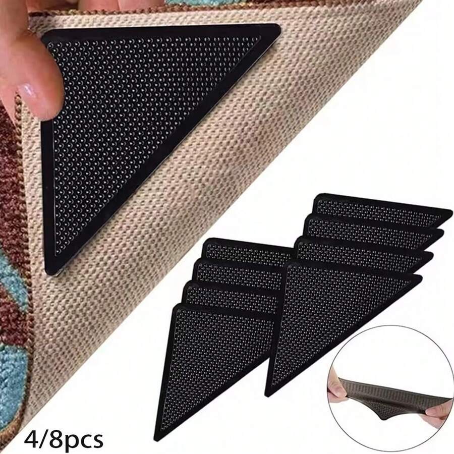 4/8pcs Triangle Carpet Non-Slip Stickers, Washable And Reusable Carpet Grippers, Non-Slip Rubber Pads, Patch Tape For Tile Floor Carpet Corners - Black - View 1