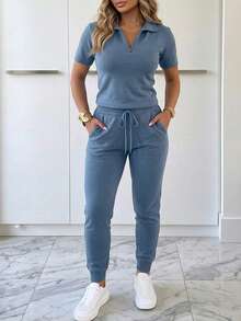 ChicMe Set sportivo da donna 2 pezzi, top a maniche corte con cerniera e pantaloni jogger a vita alta, abbigliamento casual da casa, con tasche, streetwear quotidiano - blu polveroso - Visualizzare 8