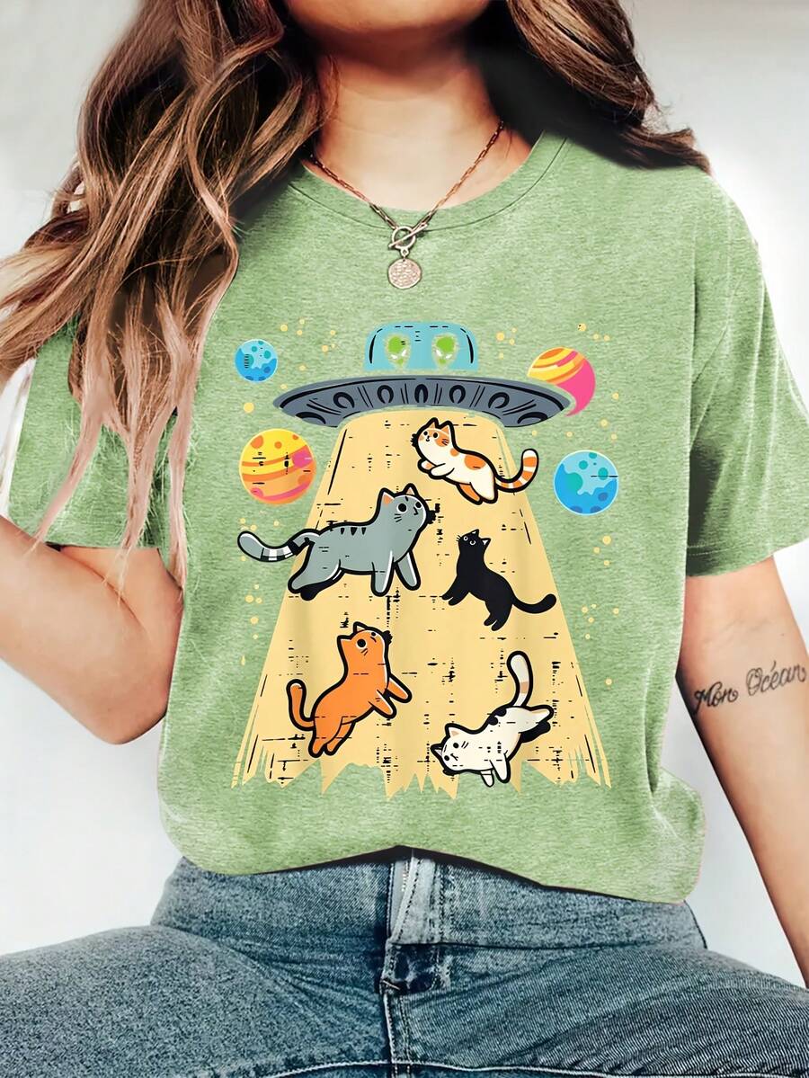 Adorable Cat Print, Comfortable, Soft, Elegant, Vintage, Casual, Versatile For Parties, Available In Sizes S-XXL, Suitable For Spring, Summer, Autumn And Winter, Sporty Style KWCN - 綠色 - 查看 1