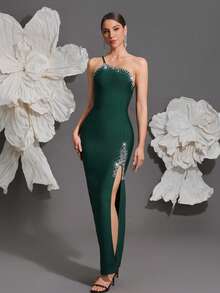 Knitted Bandage Dress, Women's One Shoulder Handmade Beaded Sexy Bodycon Slit Elegant Dress For Home Party, Holiday, Banquet Wedding - Dark Green - View 1