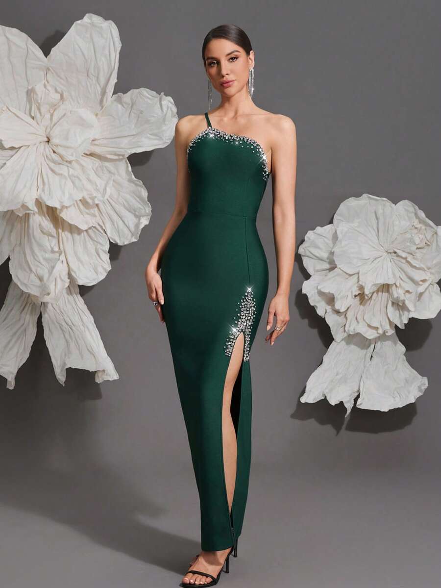Knitted Bandage Dress, Women's One Shoulder Handmade Beaded Sexy Bodycon Slit Elegant Dress For Home Party, Holiday, Banquet Wedding - Dark Green - View 1