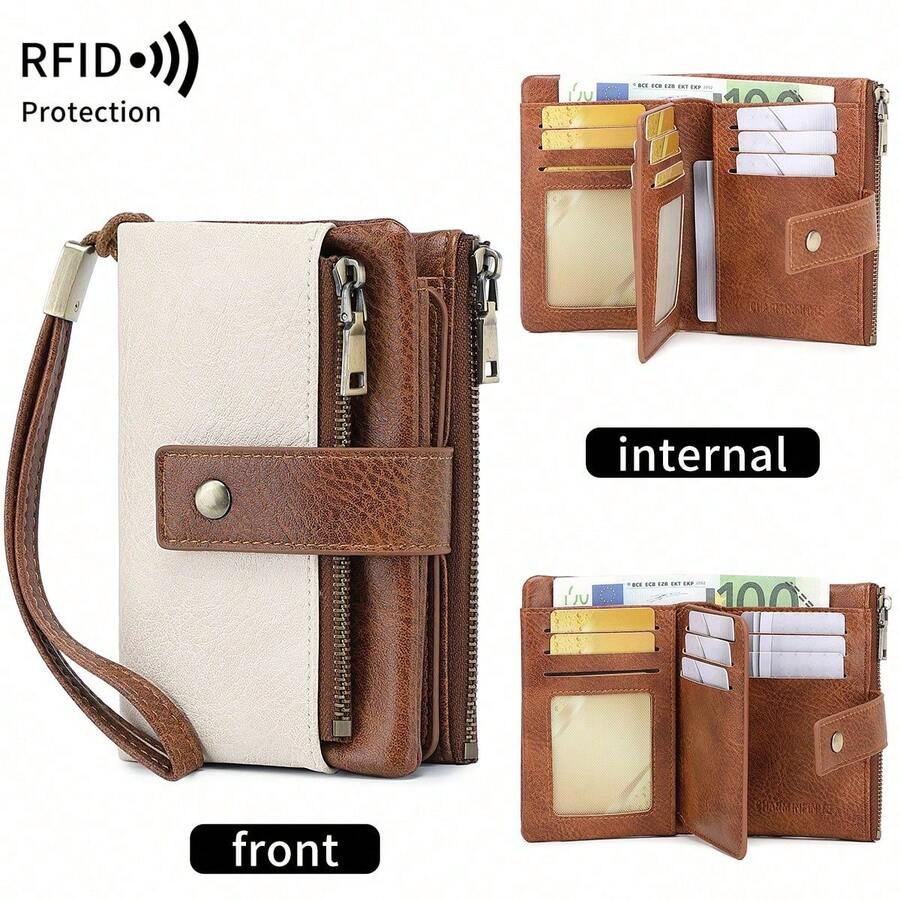 極簡風女款 RFID 防盜三折錢包,大容量手拿包附可拆式腕帶,多卡槽拉鍊防盜卡夾,現代商務休閒風,適合生日/教師節/週年紀念/情人節禮物,熱銷款,適合女性商務休閒通勤辦公白領,腕帶錢包手拿小錢包 - 彩色 - 查看 1