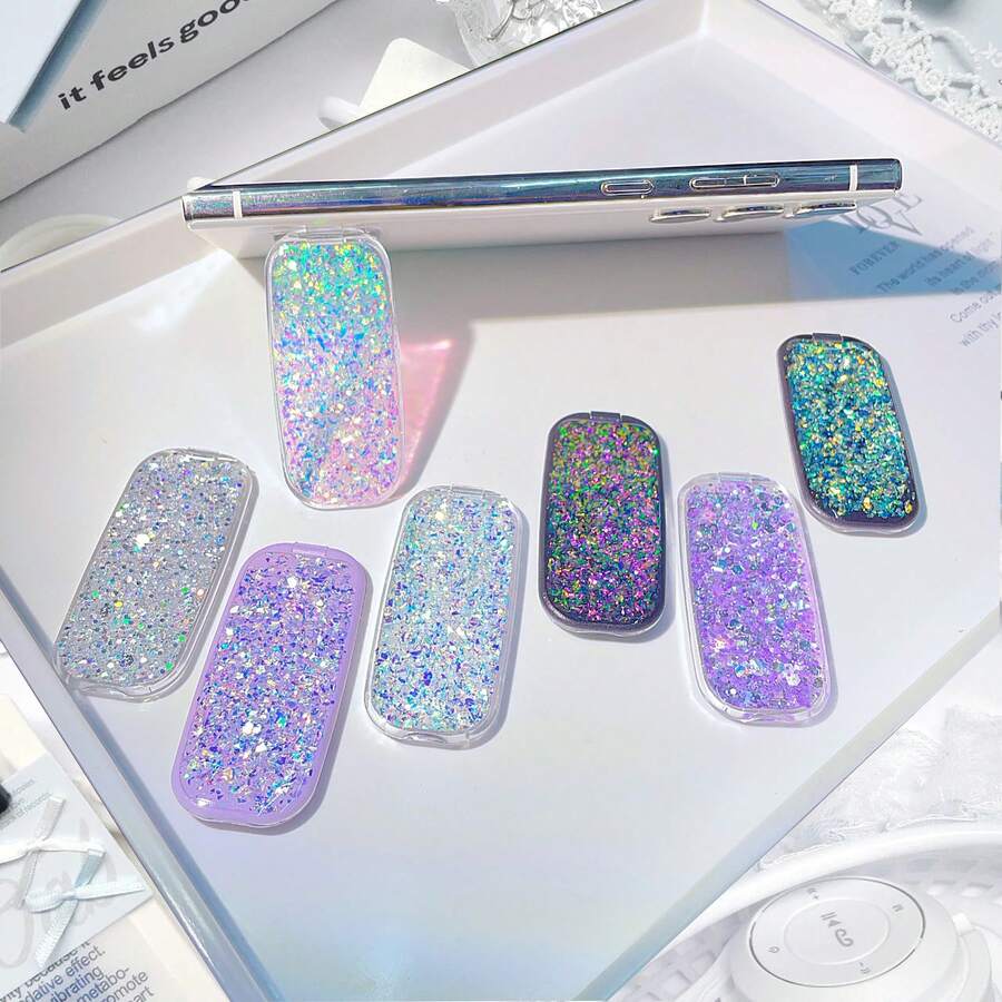High-Shine Silver Purple Makeup Mirror Phone Stand Mini Foldable Phone Holder One-Piece Mirror Phone Stand Slouchy Desktop Support Bracket