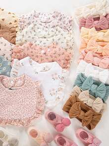 3PCS Baby Floral Bibs, Elastic Solid Color Nylon Headbands, Bow Decor Anti-Slip Short Socks, Cute Newborn Bibs & Headband Set - Multicolor - View 10