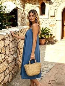 Perfect For Your Vacation! Midi Dress With Thin Straps, Open Back With Drawstring, Lightweight Fabric That Flatters Your Figure. - 藍色 - 查看 5