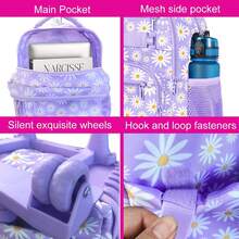Set Tas Ransel Sekolah Anak Perempuan Motif Bunga Daisy Ungu 3 Buah, Model Oxford, dengan Roda, Tali Bahu yang Dapat Diatur, dan Penutup Resleting, Cocok untuk Kembali ke Sekolah & Bepergian. - 21 Daisy Tuas Tunggal - View 3